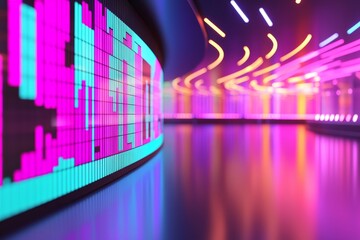 Vibrant neon light show urban gallery digital art display nighttime setting wide angle view futuristic aesthetics