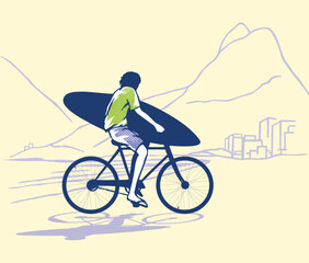 Illustration of a man riding a bicycle in the coastal region of Rio de Janeiro, Brazil. Art in a graphic and casual style.