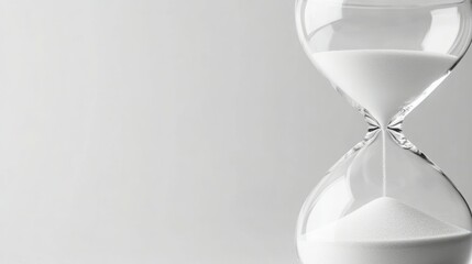 Time passing, sand trickling down in an hourglass against a neutral backdrop. A serene monochrome image.