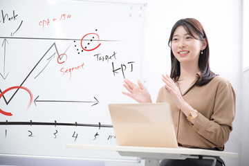 ホワイトボードでマーケティングなどをプレゼンや説明する女性のビジネスイメージ