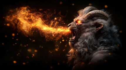 Mythical creature exhaling flames in a dark, mystical setting with glowing embers around