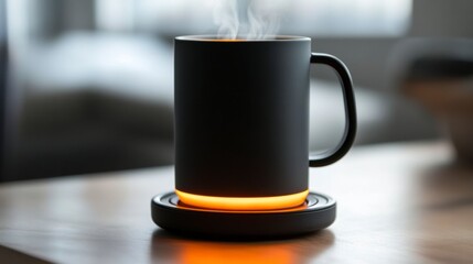 Steaming Coffee Cup: A sleek, black coffee cup sits on a warming base, with steam rising gently from the warm beverage, against a soft background.