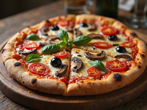 elicious Italian Pizza with Fresh Ingredients on a Wooden Table