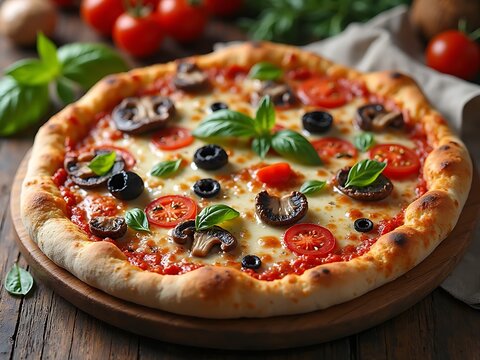 elicious Italian Pizza with Fresh Ingredients on a Wooden Table