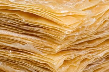 A close-up of neatly stacked sheets of fresh pastry dough, ready for baking.