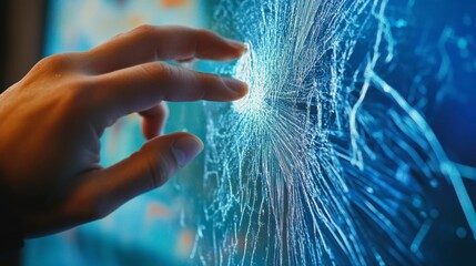 Naklejka premium Shattered Touch: A close-up of a human finger touching a cracked glass surface, highlighting the fragility and potential for damage, symbolizes concept of technology interaction
