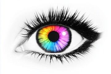 A close-up of a vibrant eye featuring a rainbow-colored iris and long eyelashes.
