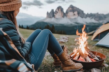 A woman in a cozy jacket enjoying a campfire with mountains in the background.