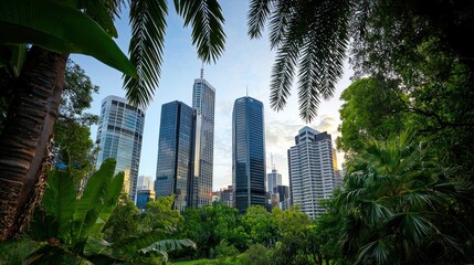 Skyscrapers Rising Above Lush Greenery in an Urban Park at Sunset with Clear Skies