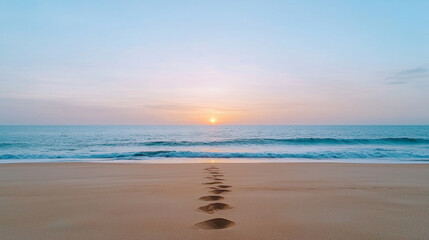 Footsteps in sand lead toward serene sunrise over ocean horizon