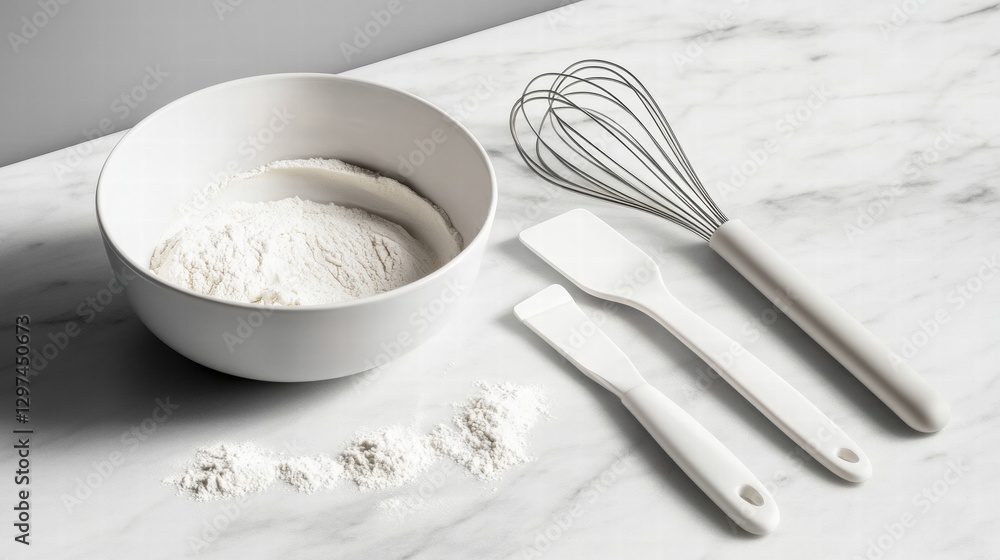 Poster arrangement of baking tools and flour on a marble surface during a home cooking session in a bright 