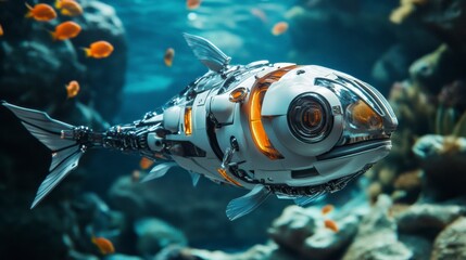 Cybernetic Fish Submarine: Futuristic mechanical fish submarine swims in a vibrant underwater scene with animated coral reefs and schools of small orange fish. The design is highly detailed.