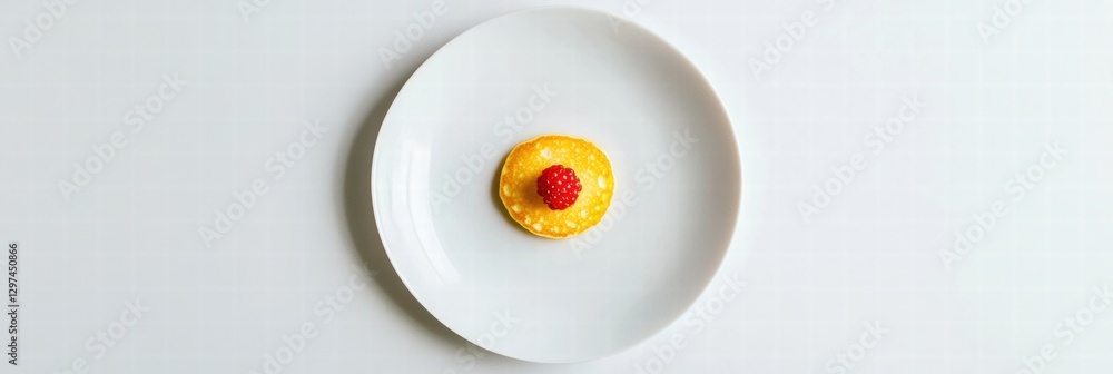 Poster Delicate dessert featuring a round pastry with raspberry on a white plate served on a neutral background. Generative AI