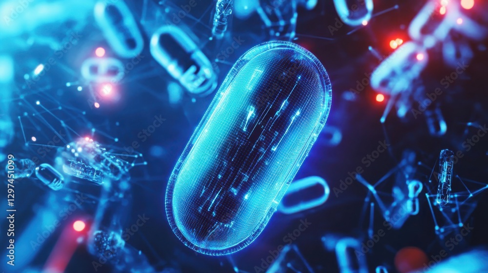 Poster futuristic digital representation of bacteria with neon glowing effects and complex data visualizati