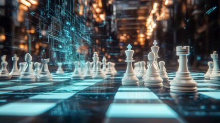 Strategic Chessboard: A close-up shot of a chess board with chess pieces set in an strategic position, the board illuminated with digital data.