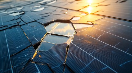 Cracked solar panel with reflections of sunset light on broken surface