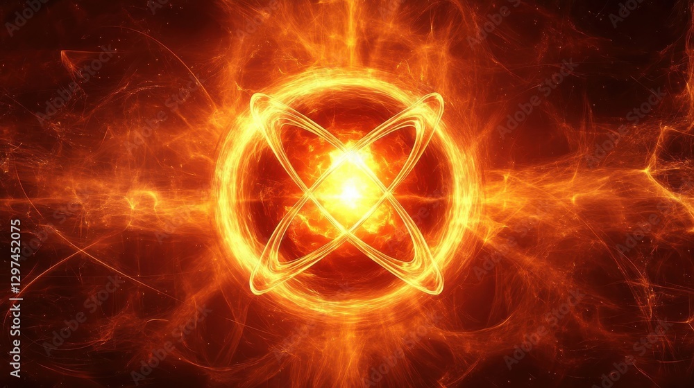 Poster vibrant abstract representation of atomic energy and motion with fiery atomic structure in dynamic b