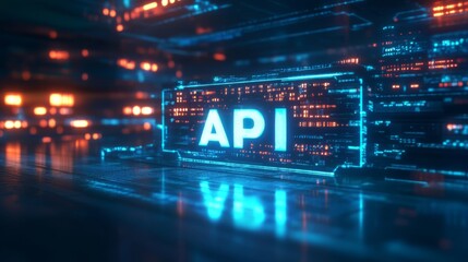 Glowing digital api interface in futuristic neon light setting