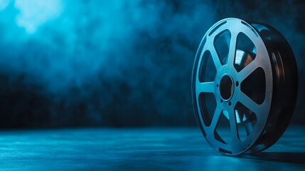 A vintage film reel placed with a blue smoky backdrop