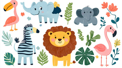 Cute jungle animal pattern featuring hand-drawn illustrations of a lion, zebra, monkey, flamingo, elephant, and tropical leaves in a playful and colorful watercolor style