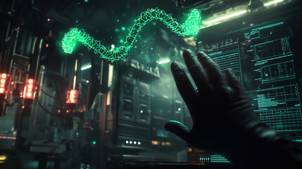 Futuristic Scientist Analyzing DNA Strand on Holographic Interface in Advanced Lab