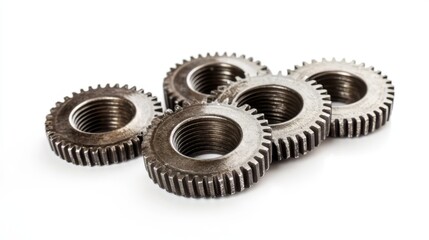 Close-up of five intermeshed metal gears on white background