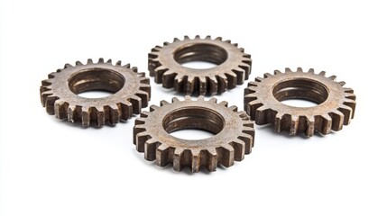 Four interlocking metal gears on white background