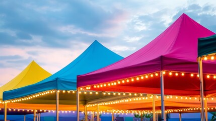 Colorful canopy tents with lights at sunset