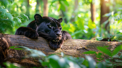 Obraz premium Sleek panther resting on fallen log surrounded by lush greenery, exuding calmness and strength