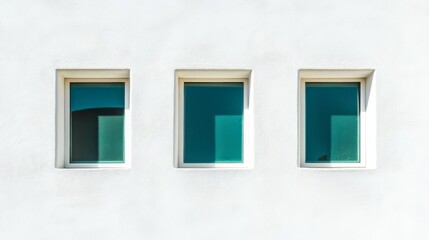 Three rectangular windows on minimalist white wall with turquoise reflections