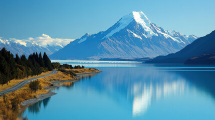 Snow capped mountains and lakes