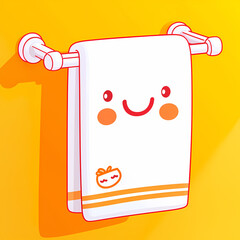 Cheerful fluffy towel with smiling face hanging on bright wall