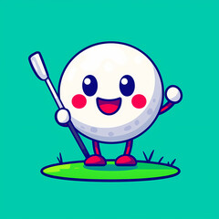 cheerful golf ball character with arms and legs holding club