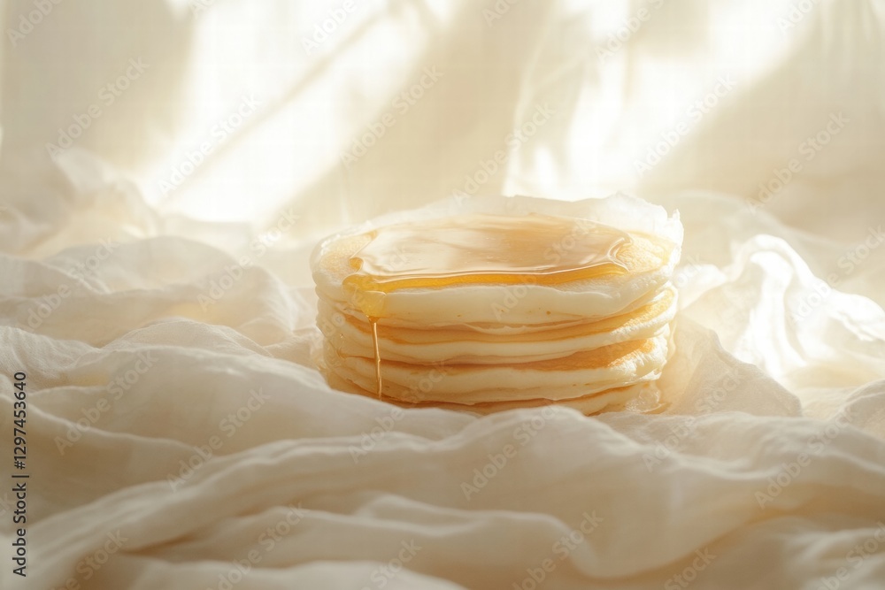 Poster fluffy pancakes stacked high with golden syrup on a soft, billowy background in morning light. gener