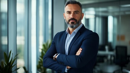 Fototapeta premium Confident executive in navy blazer embodies leadership and professionalism. 