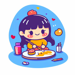 cute kawaii style artist painting colorful dessert on canvas