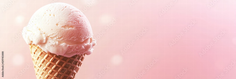 Poster delicious ice cream cone with a scoop of pink strawberry flavor on a soft pink background in a cheer