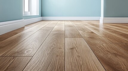 Sunlit room with wooden laminate flooring and blue walls