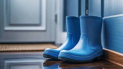 Obraz premium Blue rubber rain boots on a wet floor near the door.