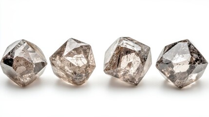 Raw uncut diamonds on white surface showcasing natural geometric forms