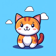 Kawaii orange cat illustration with clouds in blue background