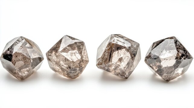 Raw uncut diamonds on white surface showcasing natural geometric forms