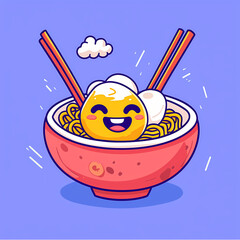 Happy ramen bowl with cartoonish noodles and eggs, perfect for food lovers