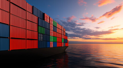 Fototapeta premium cargo ship with colorful containers sails on ocean at sunset, reflecting vibrant hues