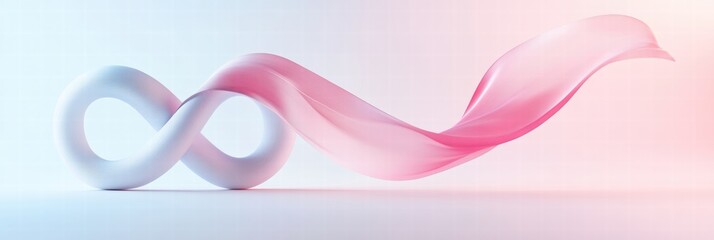 Creative infinity symbol combining flowing pink fabric and a smooth white curve in a minimalistic setting. Generative AI