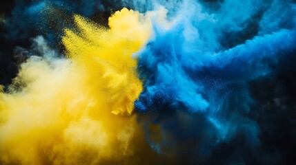 Dynamic collision of blue and yellow powder clouds in motion