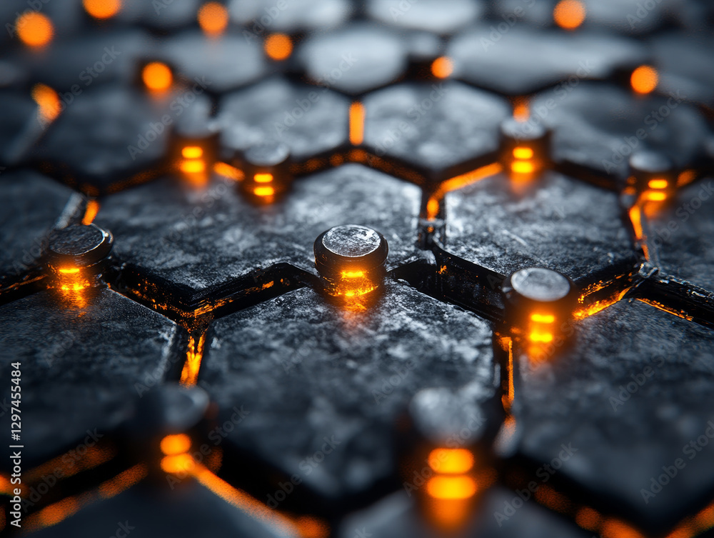 Poster hyper detailed visualization of textured surface with glowing elements