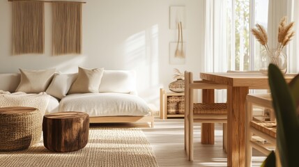 Cozy minimalist living room with natural light and earth tones