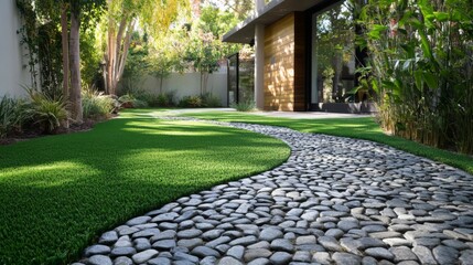 Serene modern patio with pebble stone path and lush greenery
