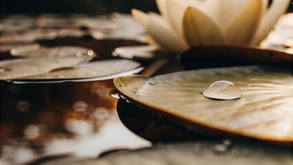 Emotional inspirational text. Inspiring image of a water droplet on a lotus petal, symbolizing calmness and mindfulness. Calm Mindfulness Quotes.